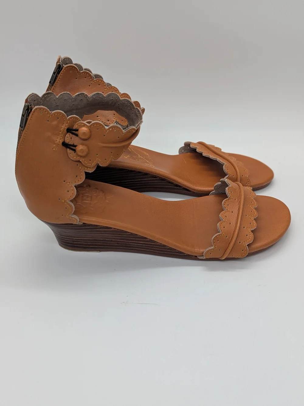 Bali Elf Women's Midsummer Scalloped Leather Sandals Ankle-Strap Wedge Size 10.5